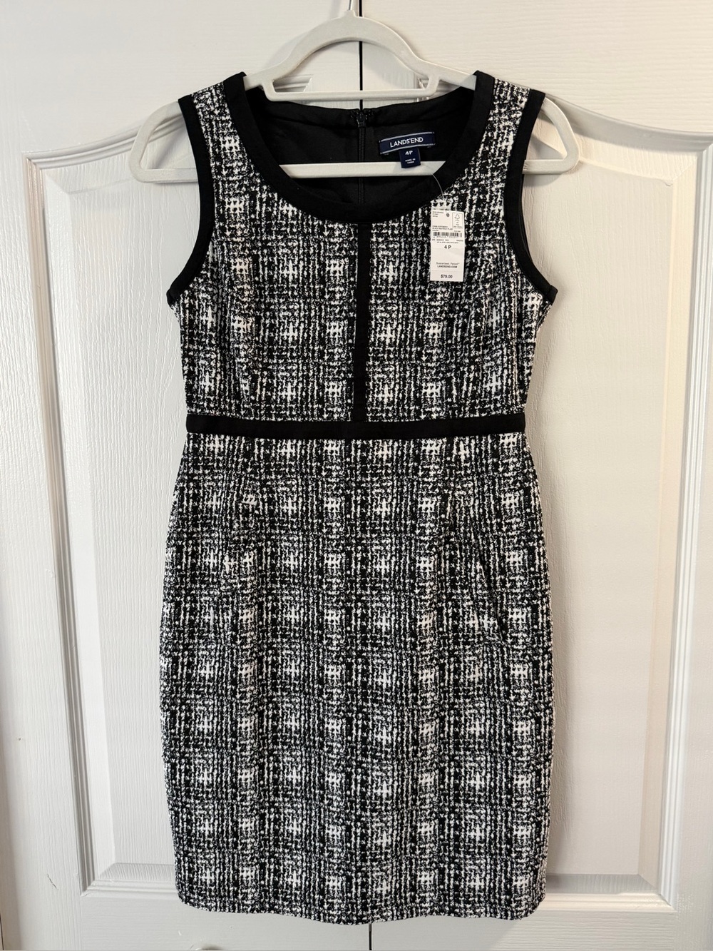 Lands' End Black and White Tweed Sheath Dress with Contrast Trim